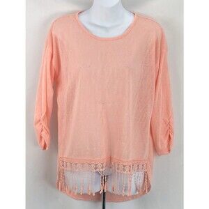 NoBo Tunic Sweater L Peach Crochet Fringe Hem Ruched 3/4 Sleeve Beach Fairy Boho